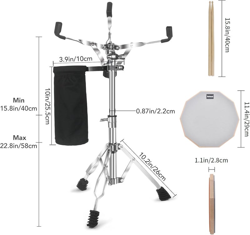 Seteol Drum Practice Pad Set, 12 Inch Double Sided Silent Drum Pad with Storage Bag + Adjustable Snare Drum Stand with Carry Bag + 2 Pair Drum Sticks with Drumstick Holder, Fits 10"-14" Drums (Grey) - Image 3